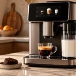 Illustrative coffee and espresso machine with a latte and espresso cup