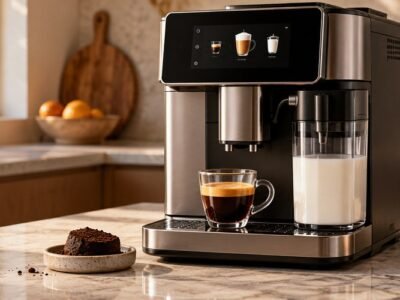 Illustrative coffee and espresso machine with a latte and espresso cup