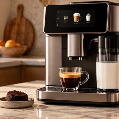 Illustrative coffee and espresso machine with a latte and espresso cup