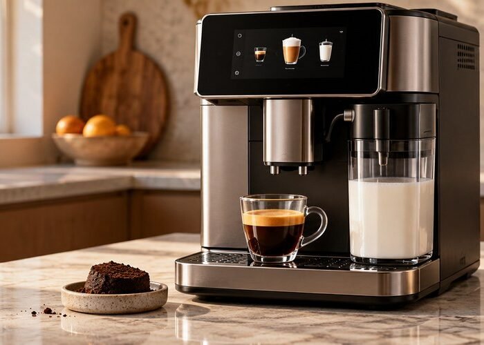 Illustrative coffee and espresso machine with a latte and espresso cup